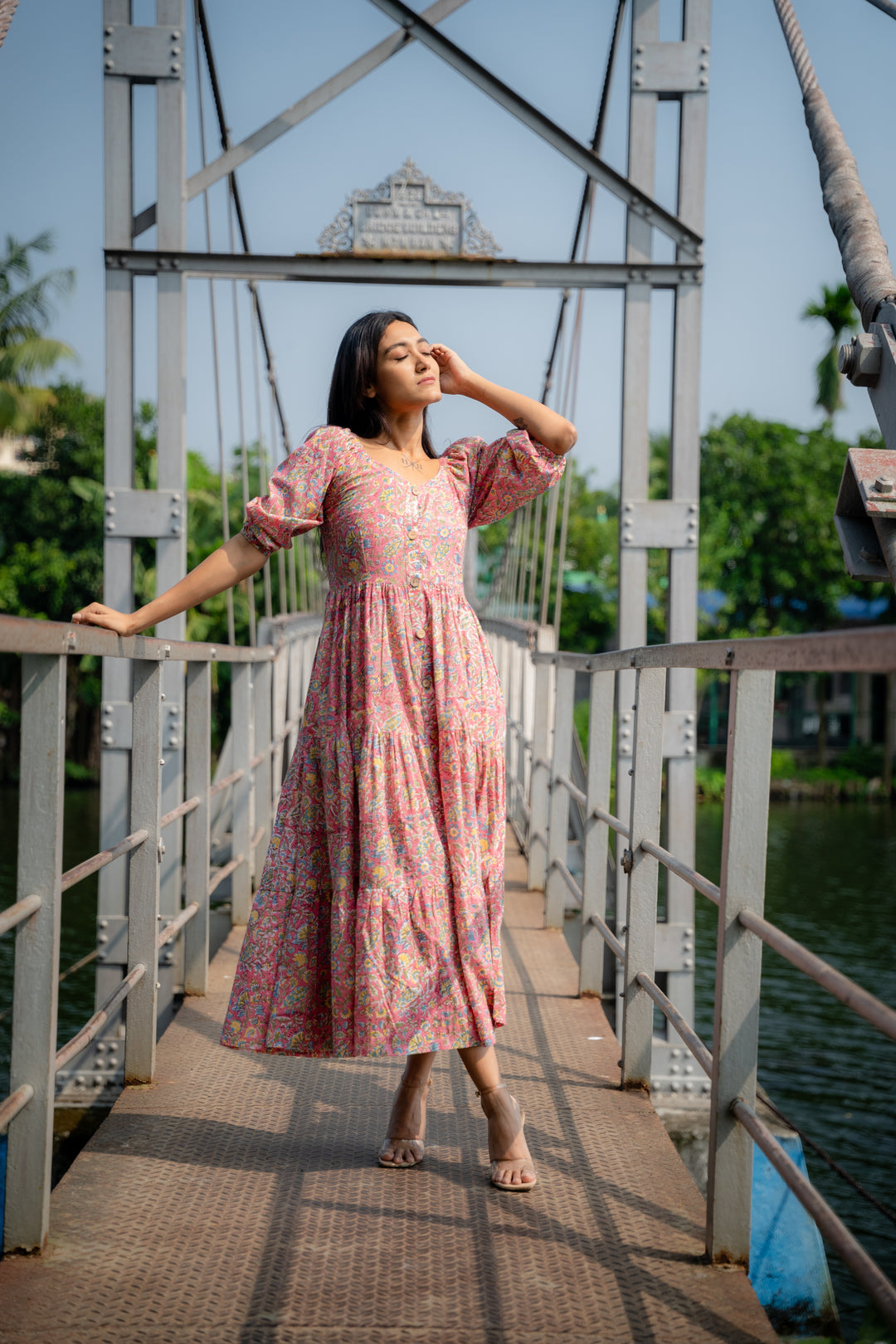 Faux Button Front Floral Print Cotton Tiered Dress