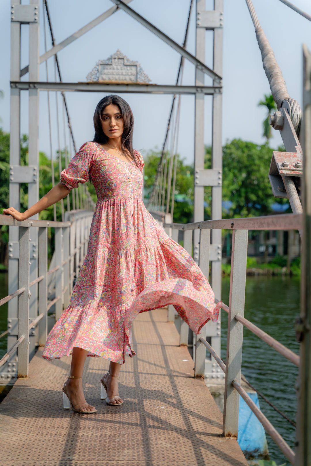 Faux Button Front Floral Print Cotton Tiered Dress