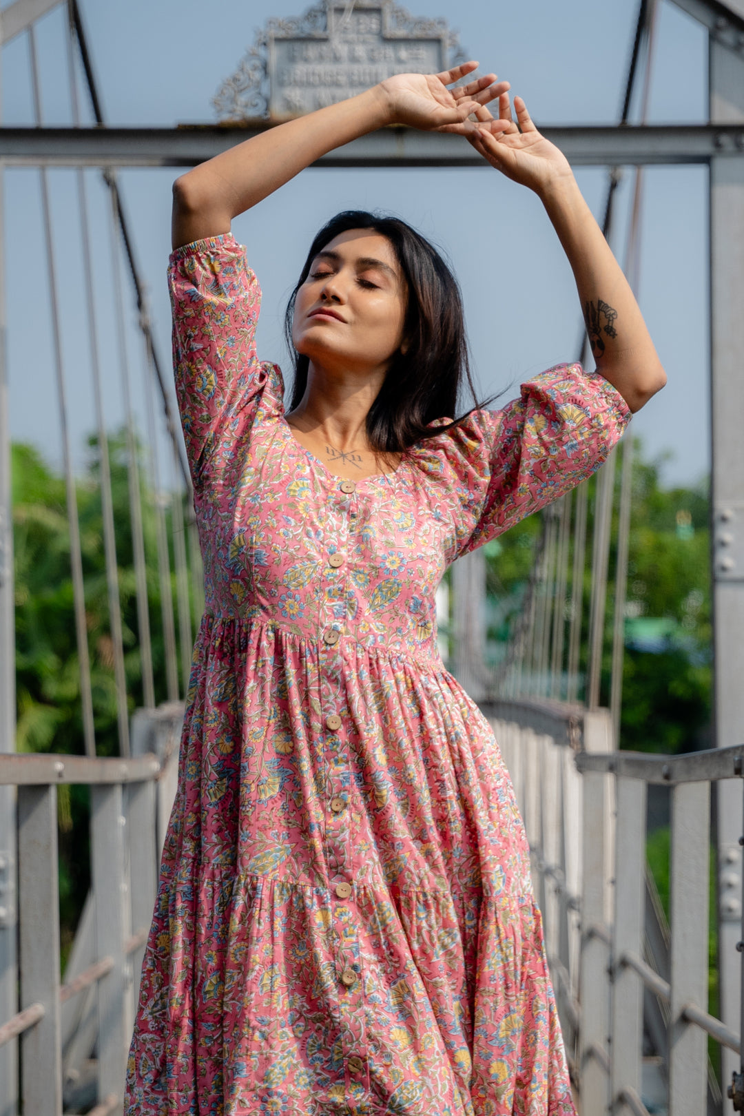 Faux Button Front Floral Print Cotton Tiered Dress