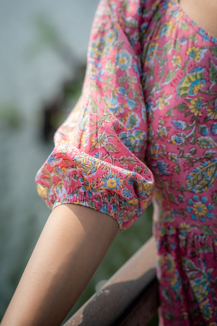 Faux Button Front Floral Print Cotton Tiered Dress