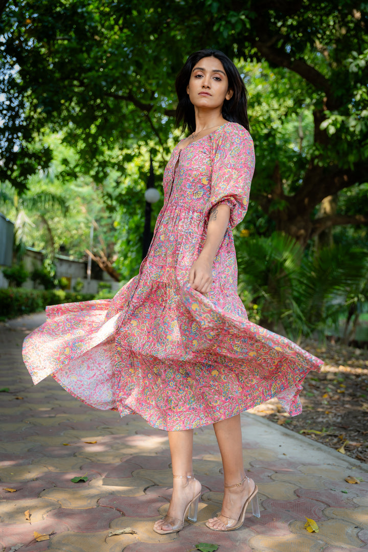 Faux Button Front Floral Print Cotton Tiered Dress